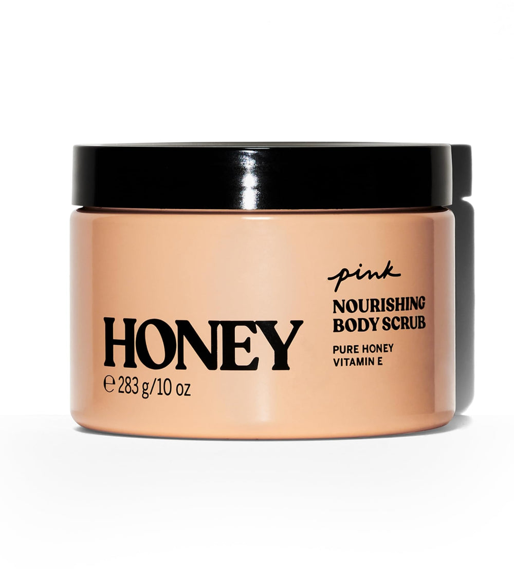 Victoria's Secret PINK Honey Nourishing Body Scrub sugar-crystal texture for glow.