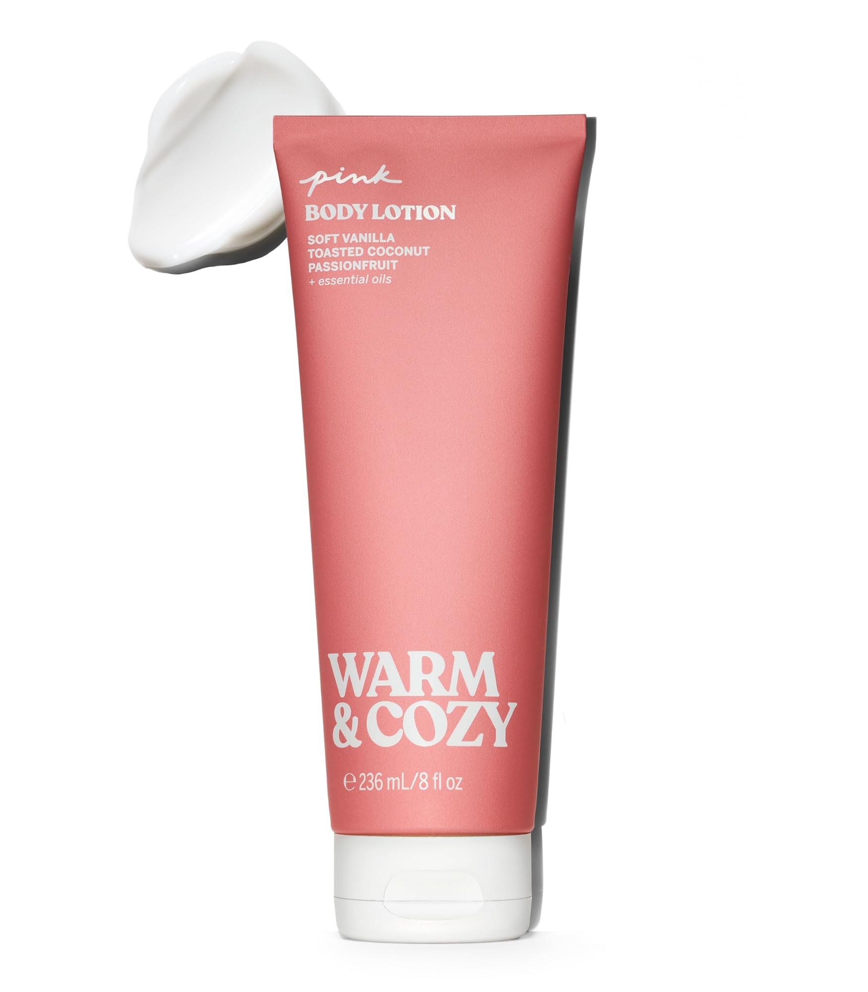 Victoria's Secret PINK Warm & Cozy lotion bottle with vanilla coconut scent for everyday comfort