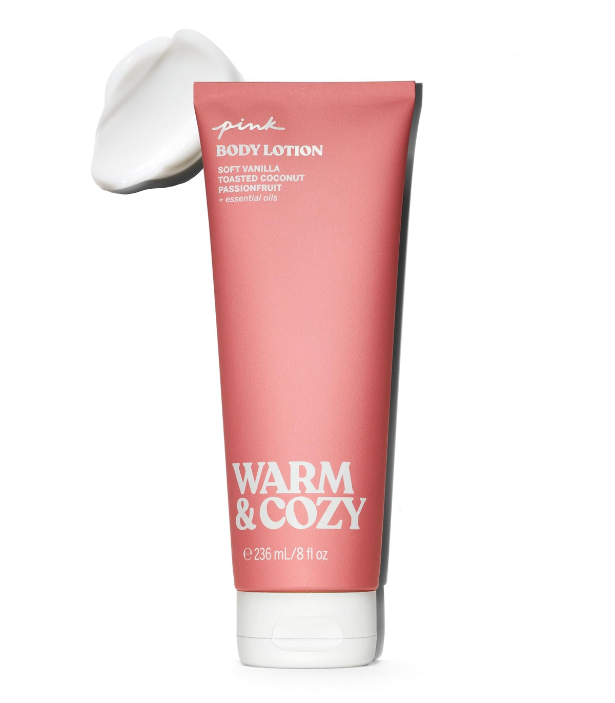 Victoria's Secret PINK Warm & Cozy lotion bottle with vanilla coconut scent for everyday comfort
