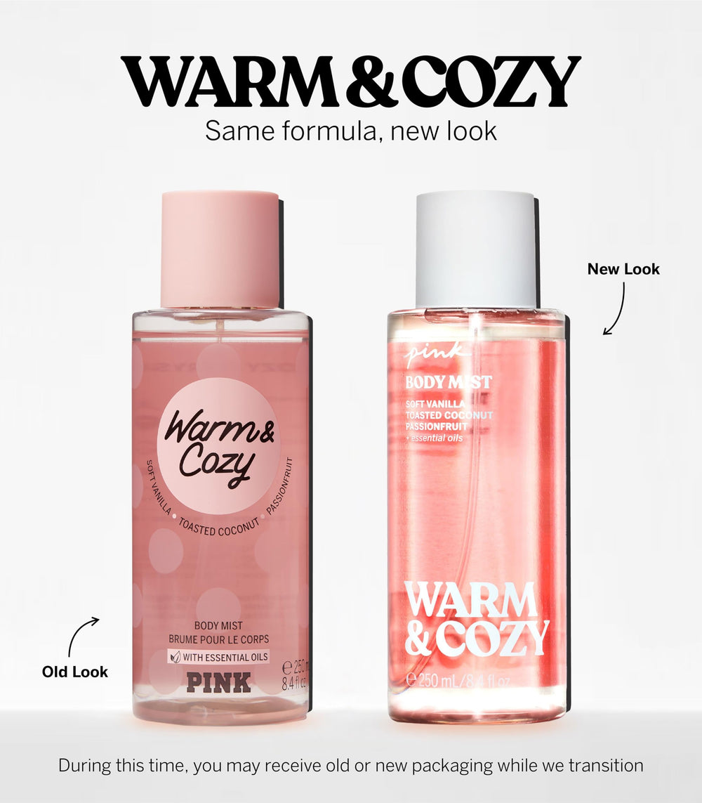 Victoria's Secret Pink Warm & Cozy packaging highlights recycled materials.