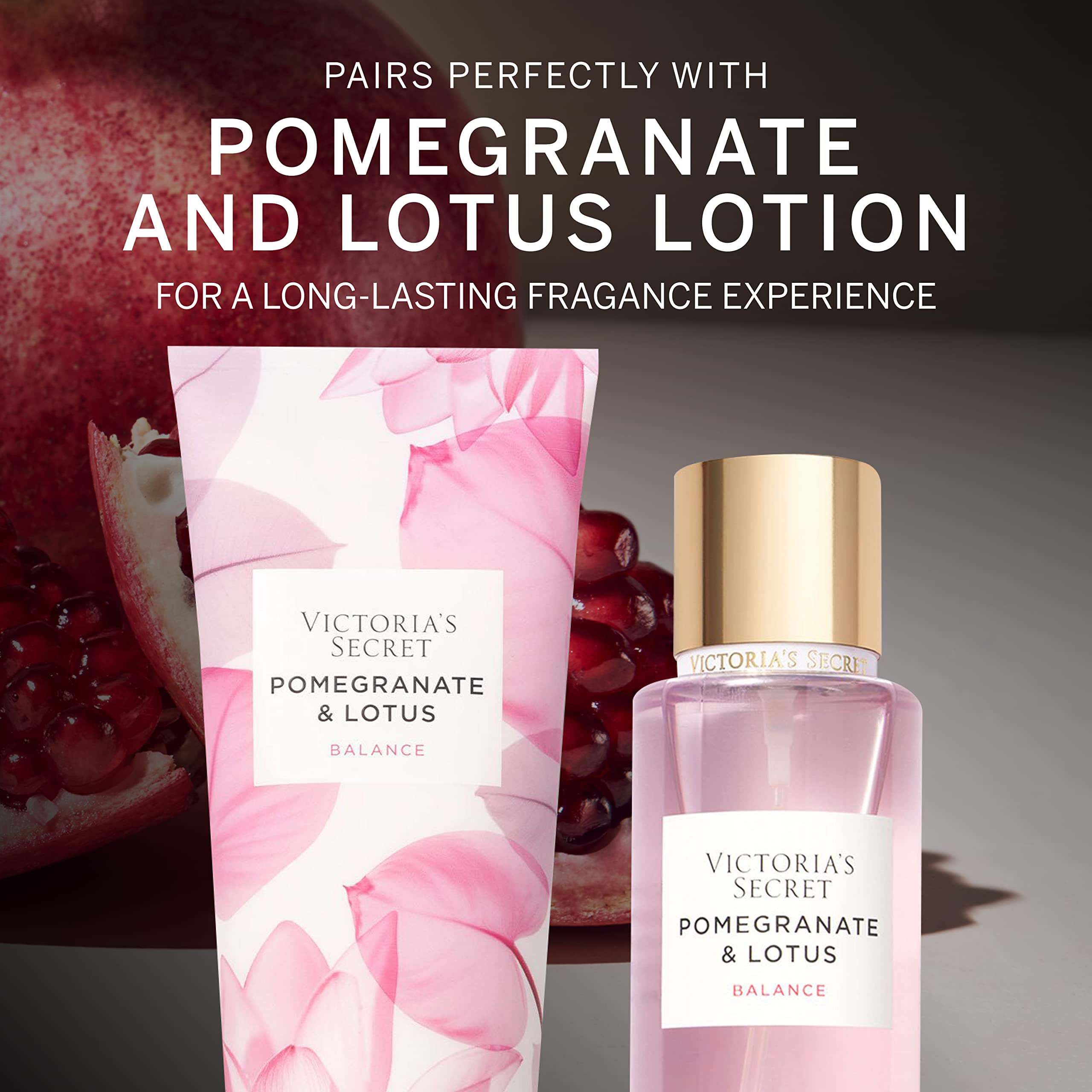 Victoria's Secret Pomegranate & Lotus Mist packaging closeup highlights premium branding.