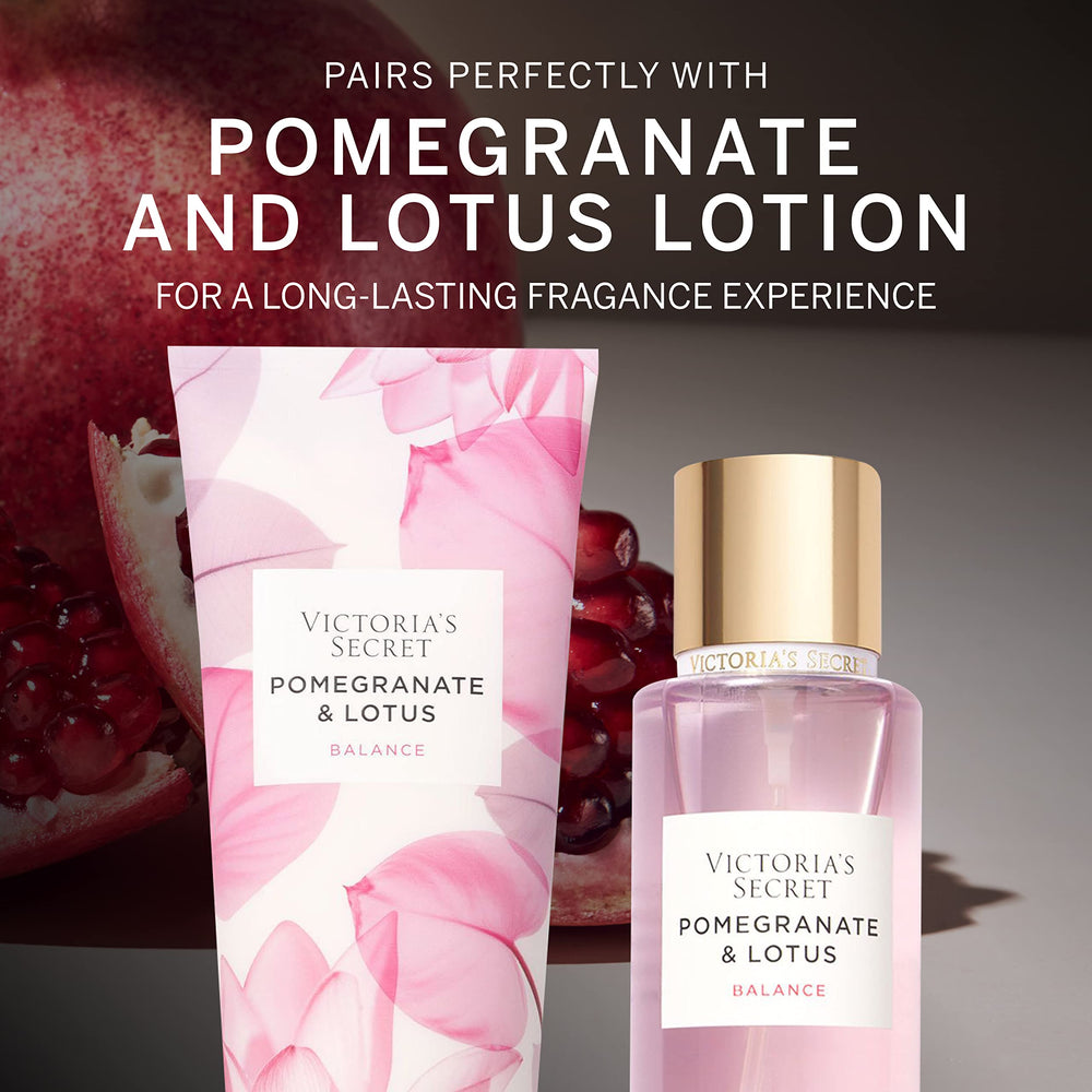 Victoria's Secret Pomegranate & Lotus Mist packaging closeup highlights premium branding.