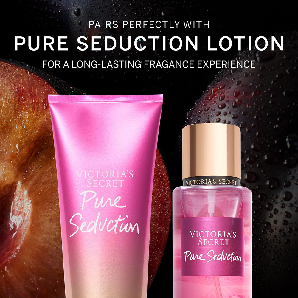 Victoria's Secret Pure Seduction fragrance mist bottle highlights fruity plum and freesia notes