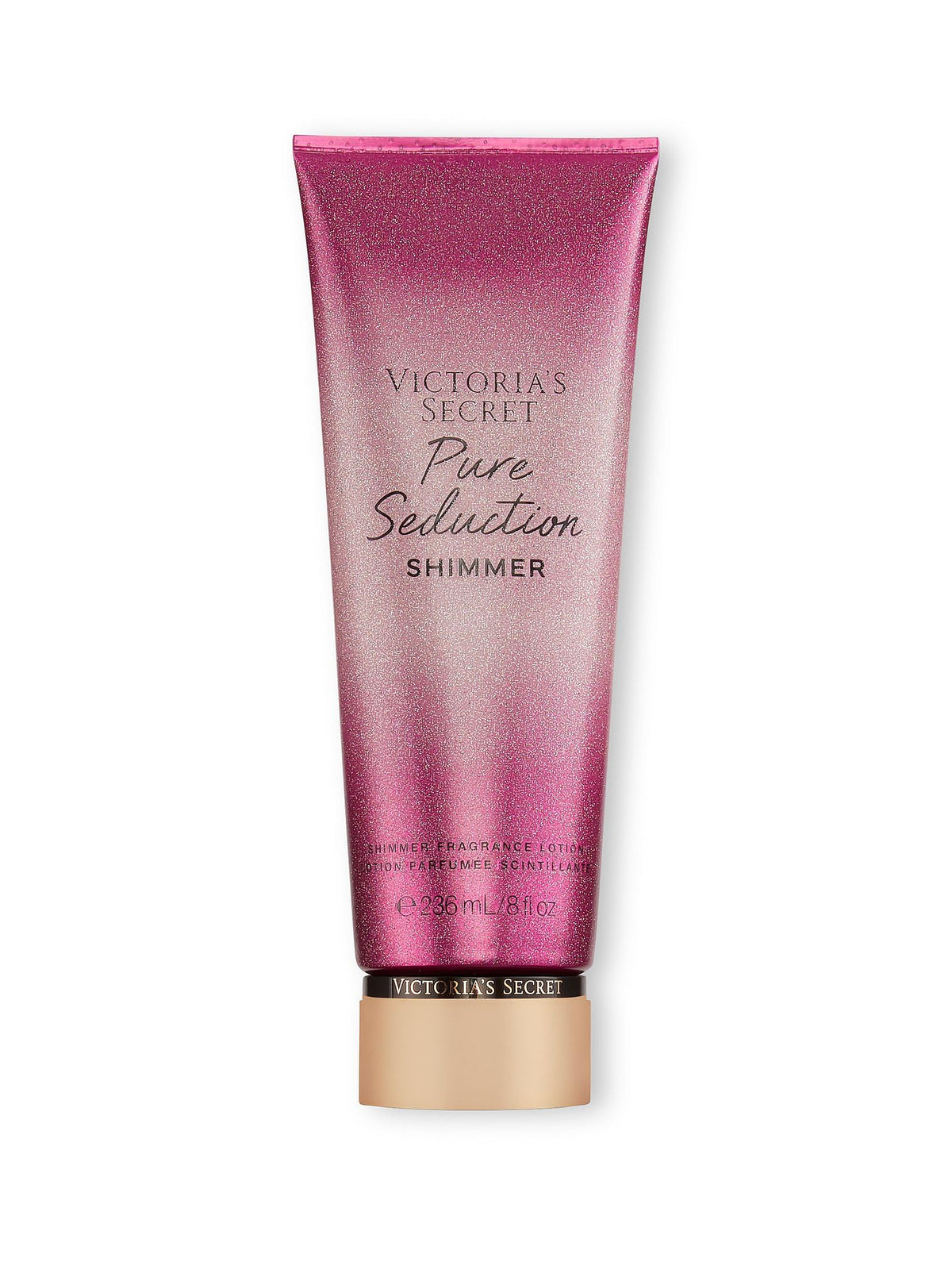 Victoria's Secret Pure Seduction Shimmer bottle showcases luminous fragrance for daily wear and hydration.