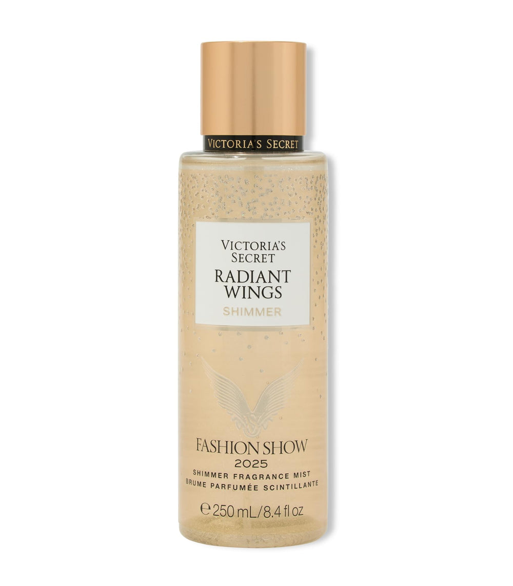 Victoria's Secret Radiant Wings bottle close-up, showcasing shimmering floral gourmand fragrance for the skin.