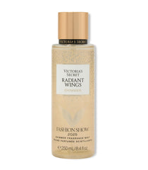 Victoria's Secret Radiant Wings bottle close-up, showcasing shimmering floral gourmand fragrance for the skin.