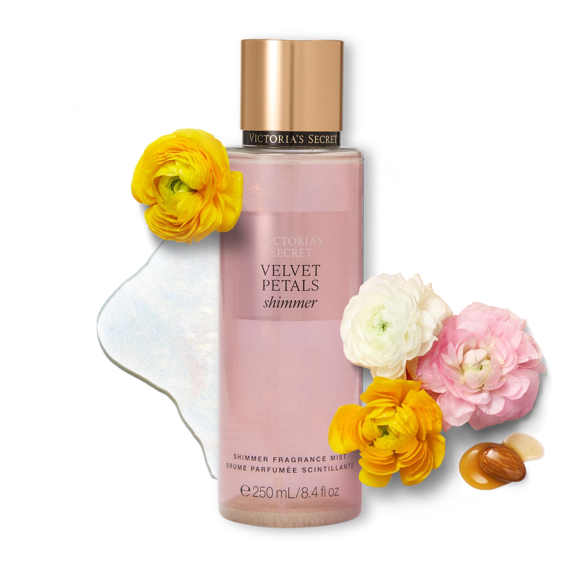 Victoria's Secret Velvet Petals Shimmer bottle front highlights bloom-based fragrance for everyday sparkle.
