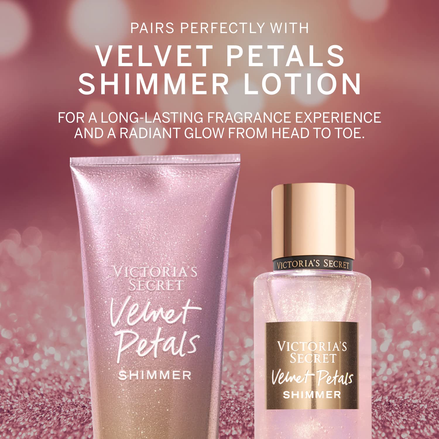 Victoria's Secret Velvet Petals Shimmer hair and body application shows versatile use for a subtle glow.