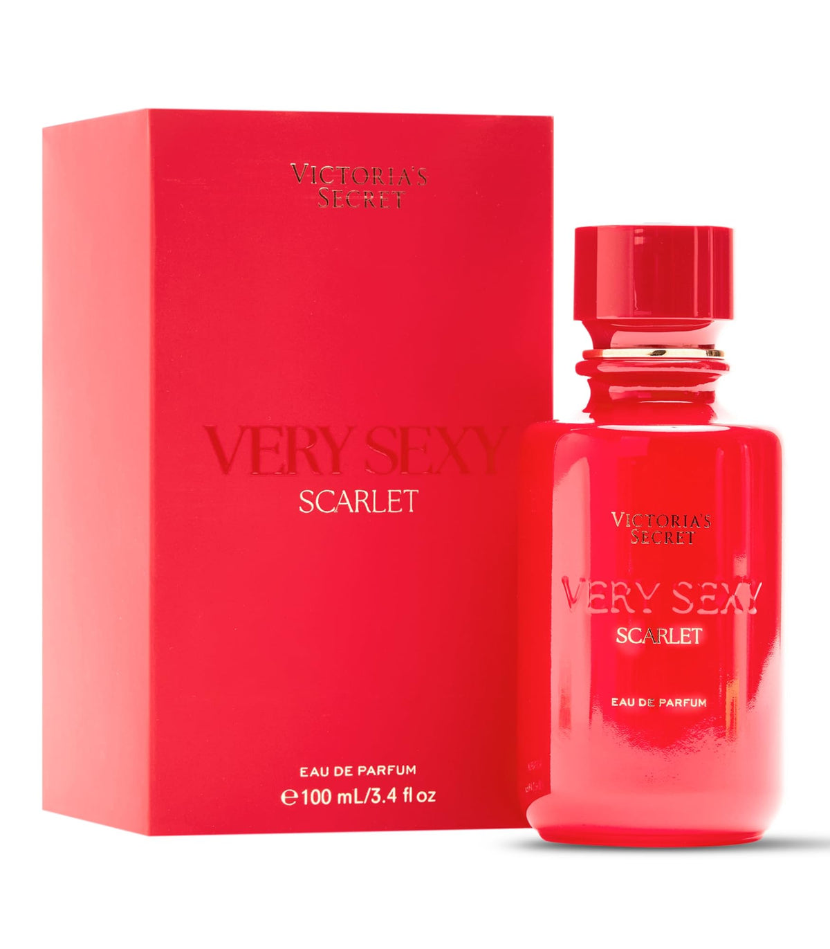 Victoria's Secret Very Sexy Scarlet bottle close-up highlighting floral musk allure for dating-night confidence.