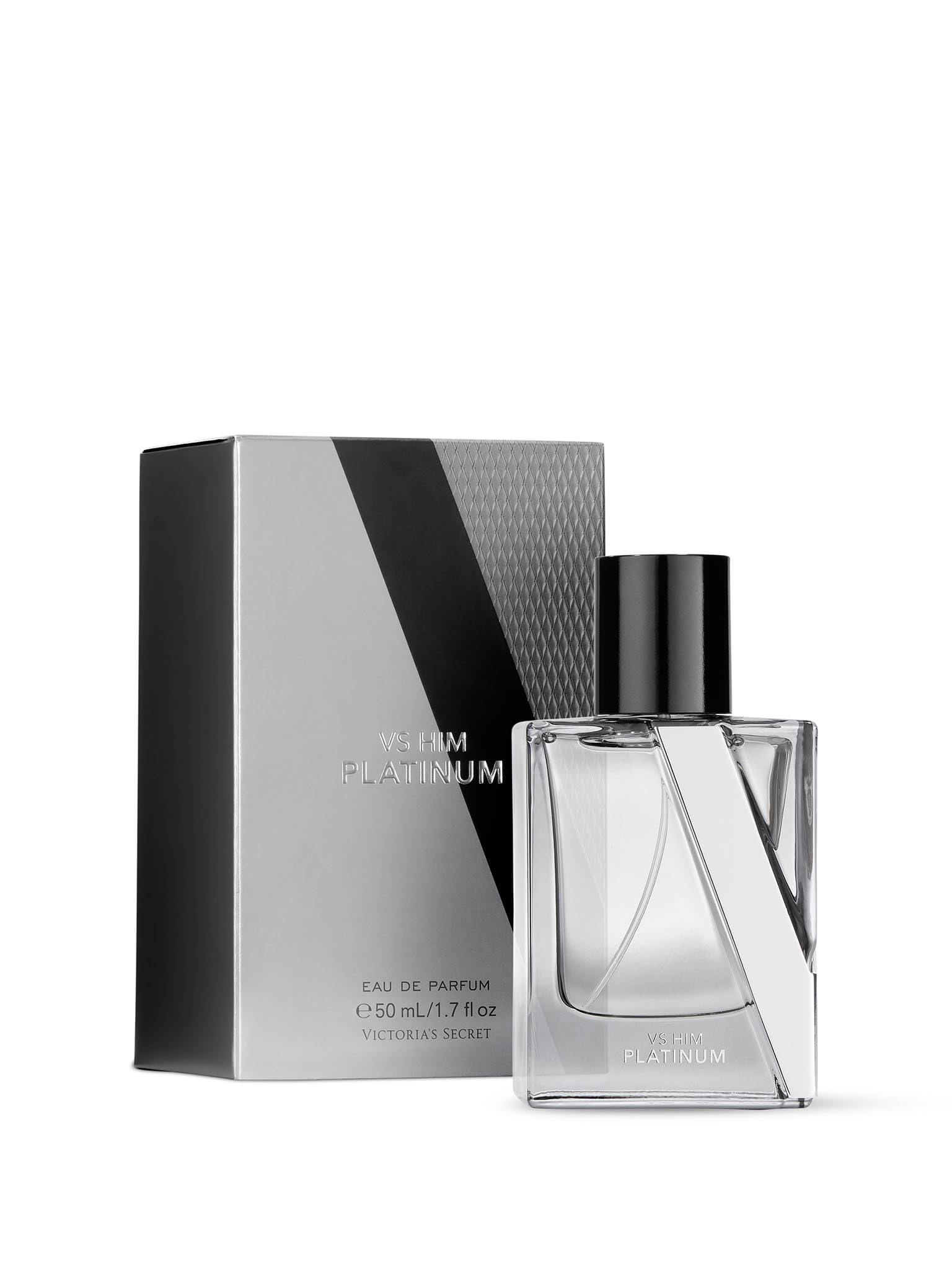 Victoria's Secret VS Him Platinum bottle close-up highlighting a masculine scent for confident daily wear