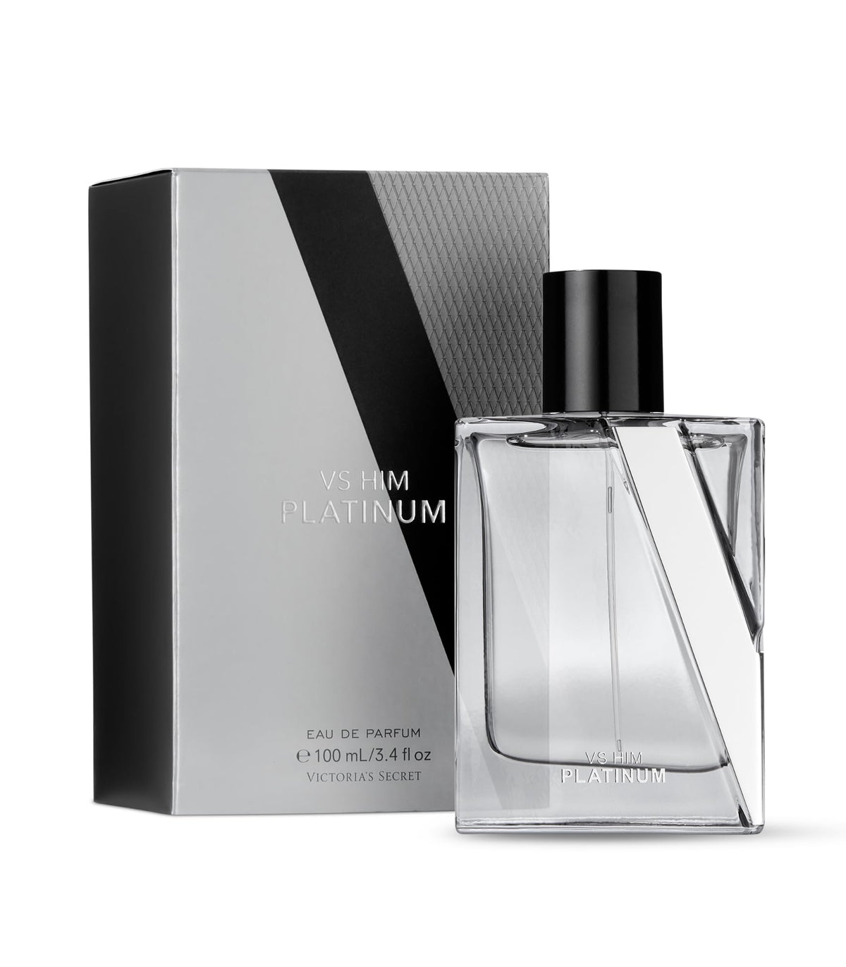 Victoria's Secret VS Him Platinum bottle front view shows a long-lasting masculine aroma