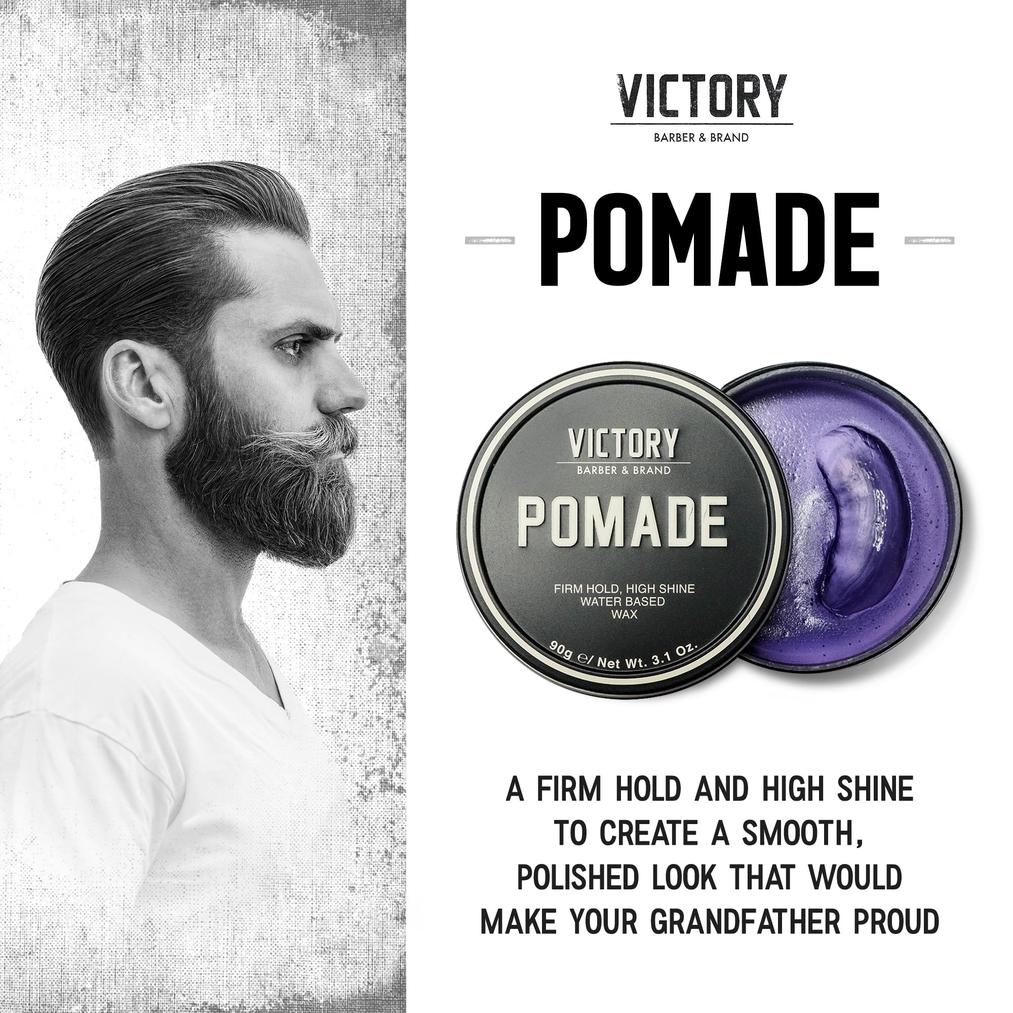 Victory Barber & Brand Pomade jar, hair application detail with styling control.