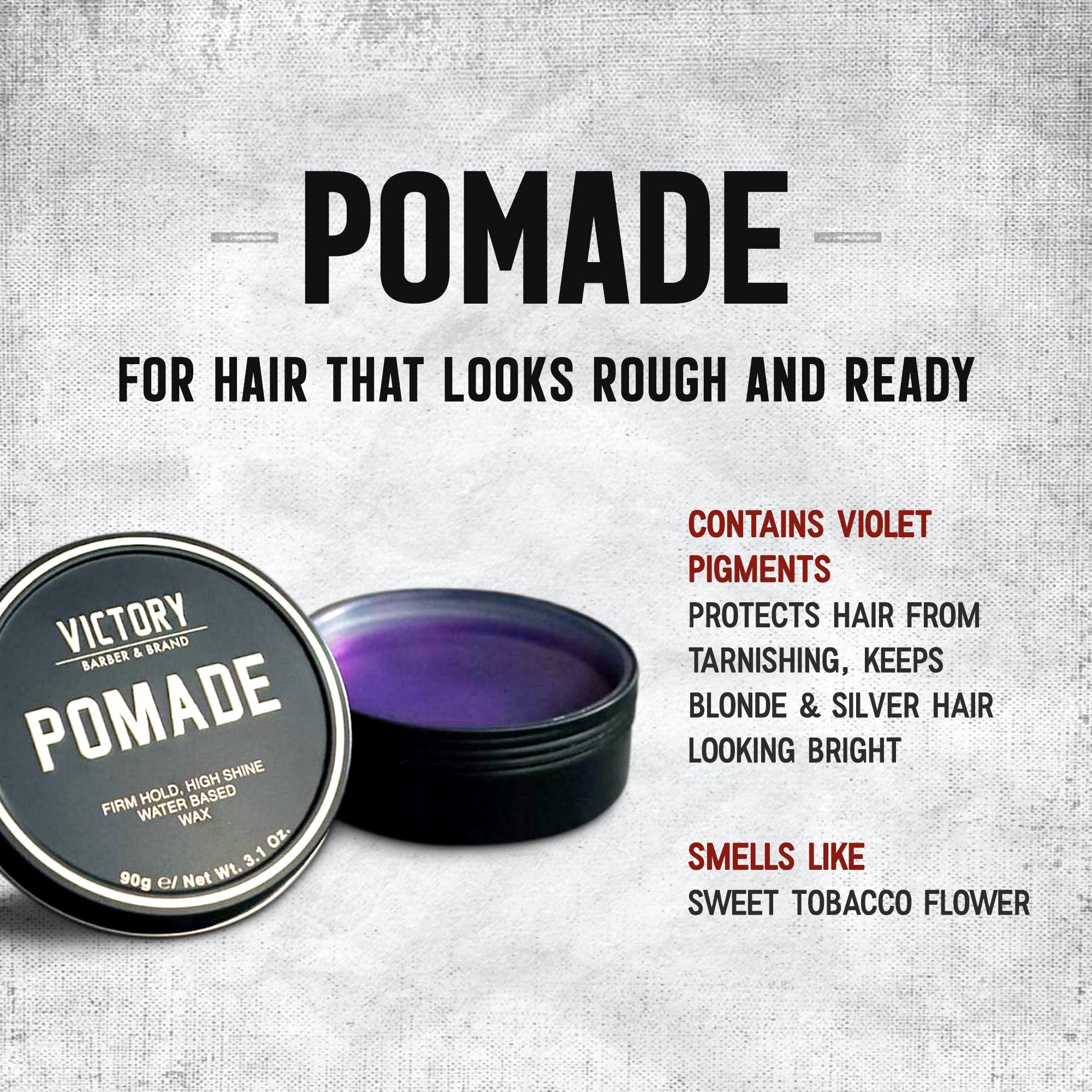Victory Barber & Brand Pomade pipe tobacco scent enhances masculine grooming ritual.