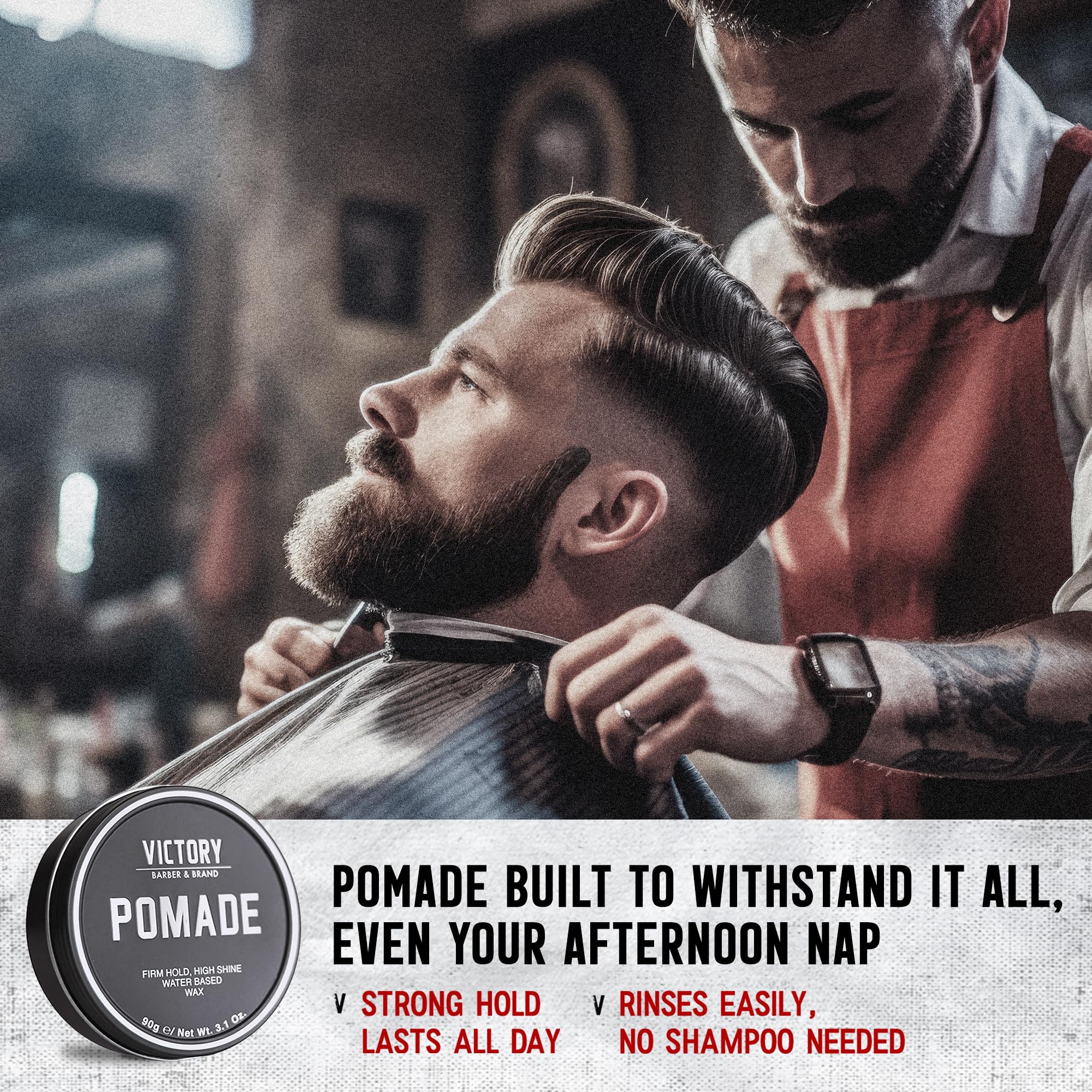 Victory Barber & Brand Pomade strong hold gloss highlights high shine finish.
