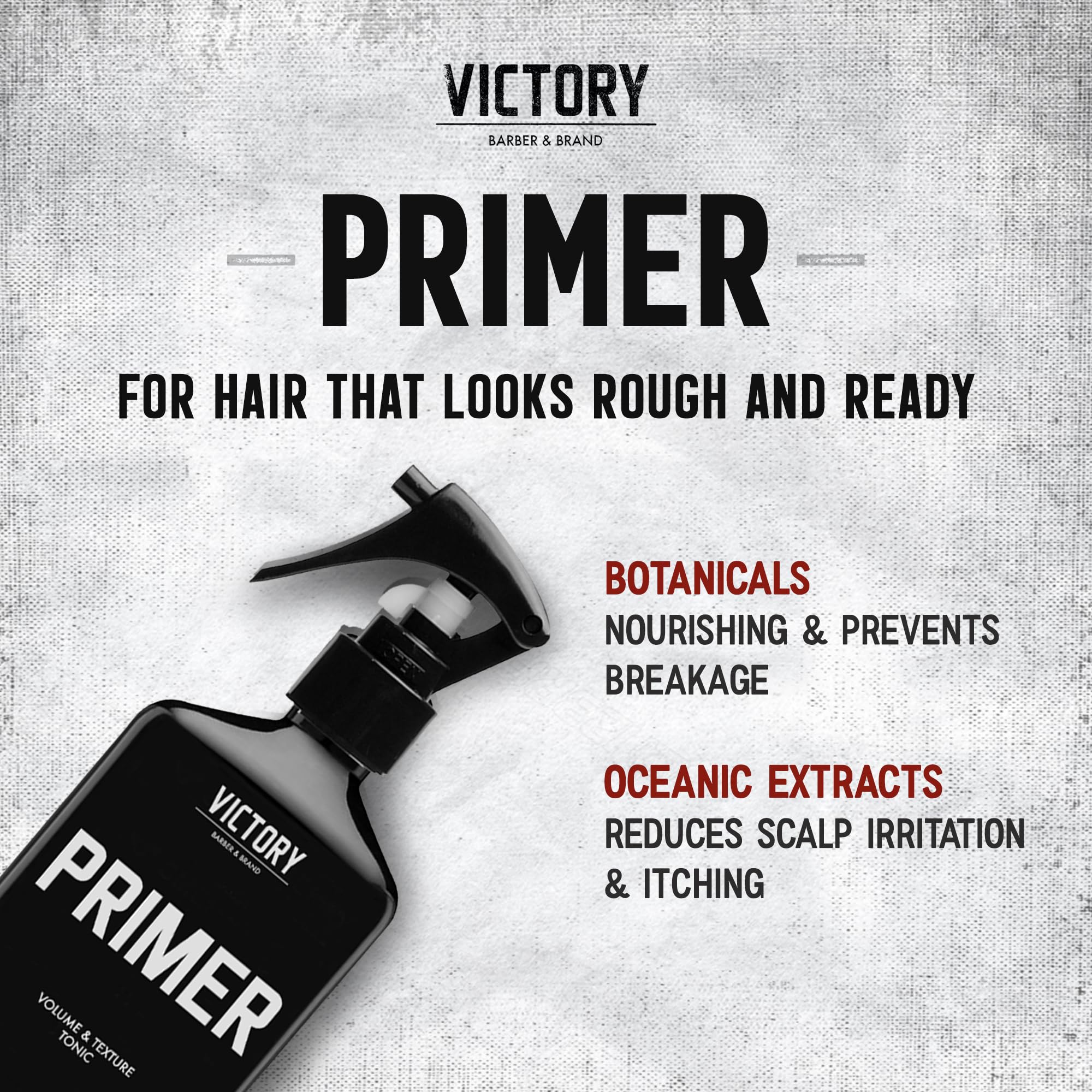 Victory Primer thickens hair for a fuller, natural look.