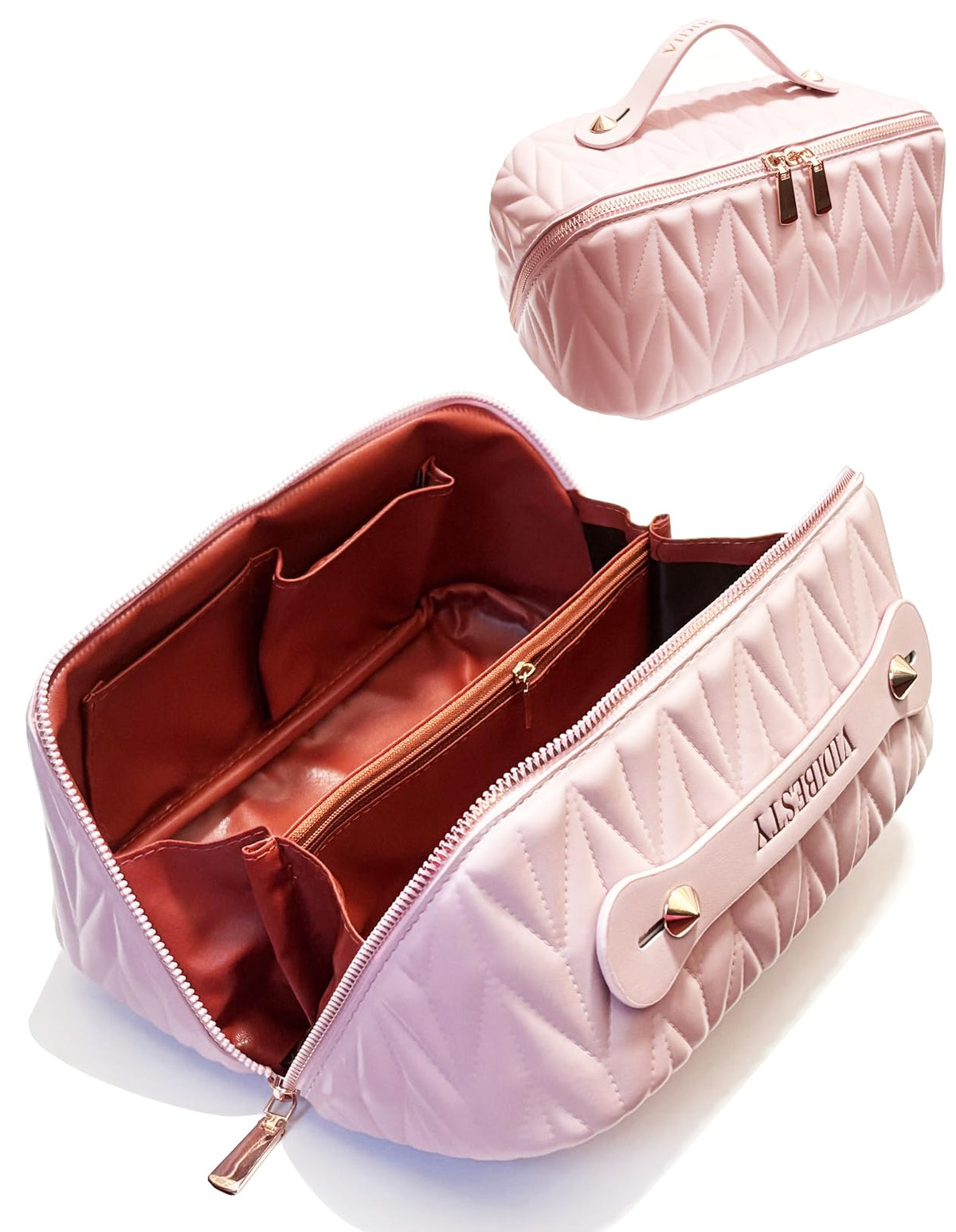 VIDIBESTY travel makeup bag pink full view shows spacious capacity.