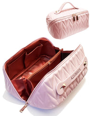 VIDIBESTY travel makeup bag pink full view shows spacious capacity.