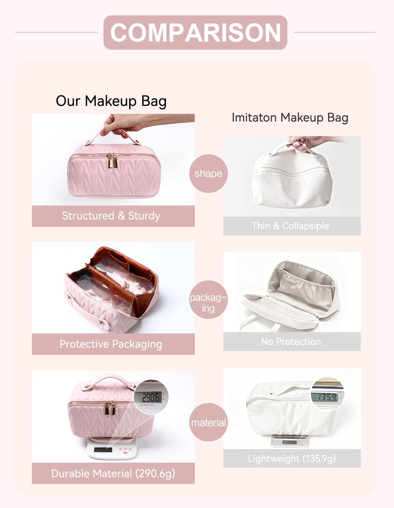 VIDIBESTY makeup bag pink interior pockets for neat organization.