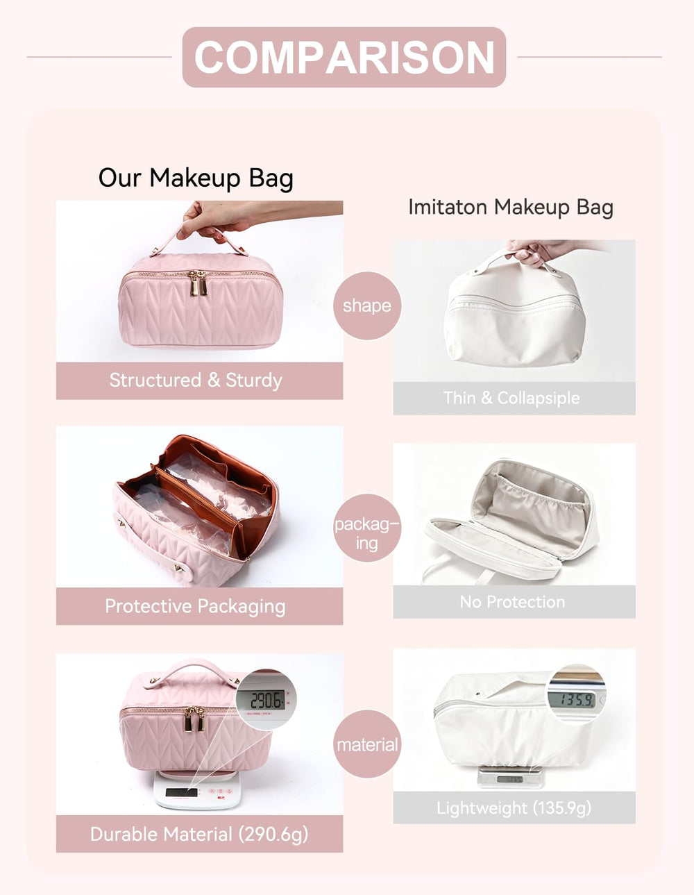 VIDIBESTY makeup bag pink interior pockets for neat organization.