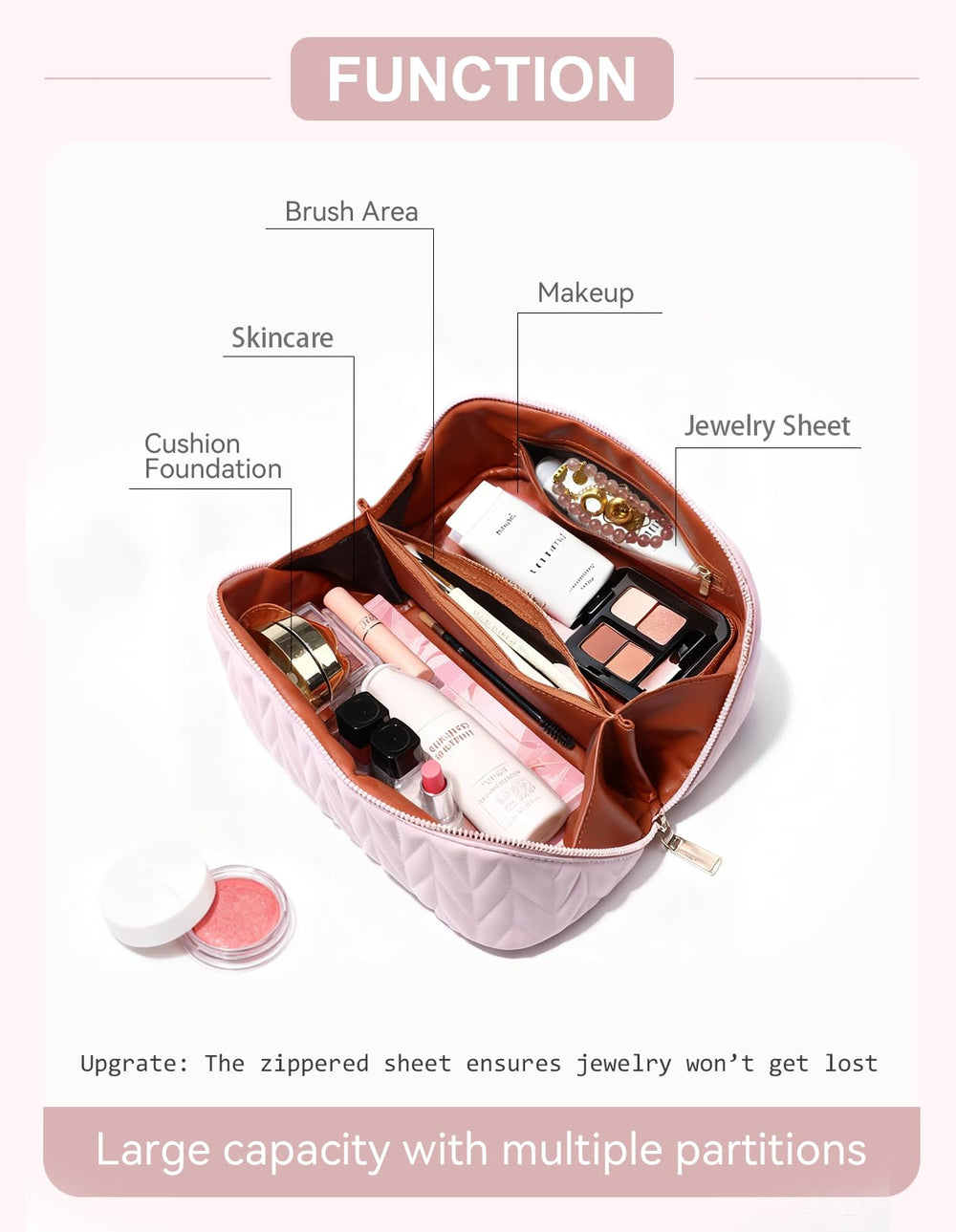 VIDIBESTY travel makeup bag pink open flat design for easy access.