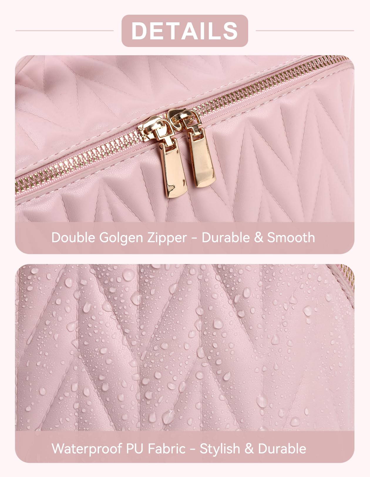 VIDIBESTY waterproof PU bag pink protects contents in damp conditions.