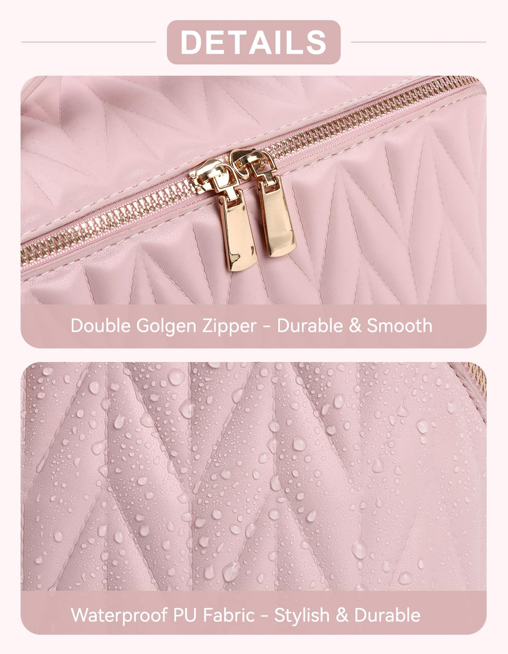 VIDIBESTY waterproof PU bag pink protects contents in damp conditions.