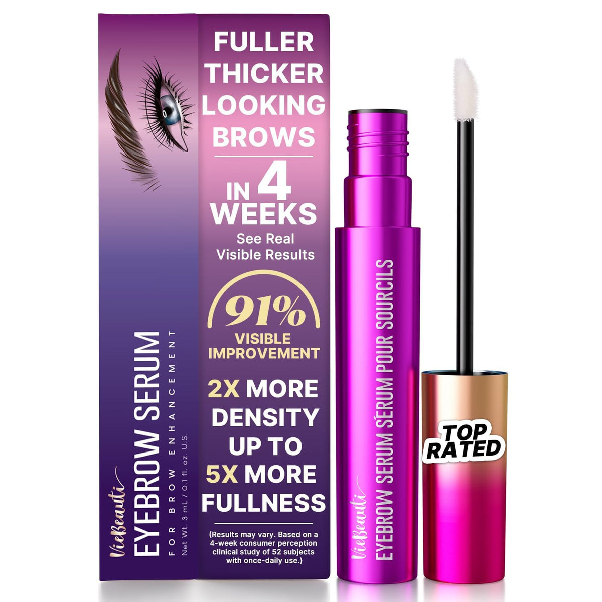 VieBeauti Eyebrow Growth Serum bottle close-up shows compact 3 mL size for travel and daily use