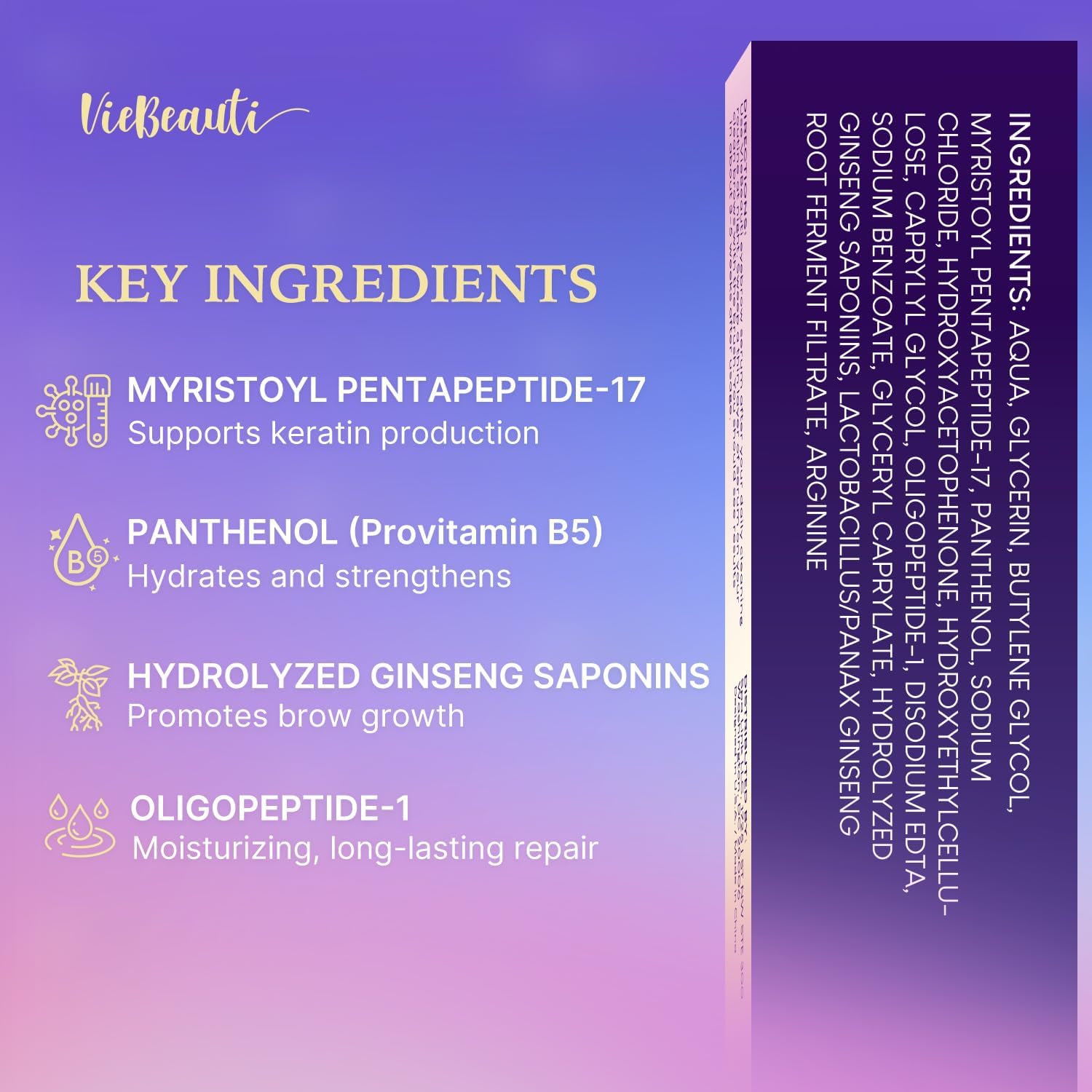 VieBeauti Eyebrow Growth Serum ingredients illustration highlights ginseng and tuber fleeceflower benefits
