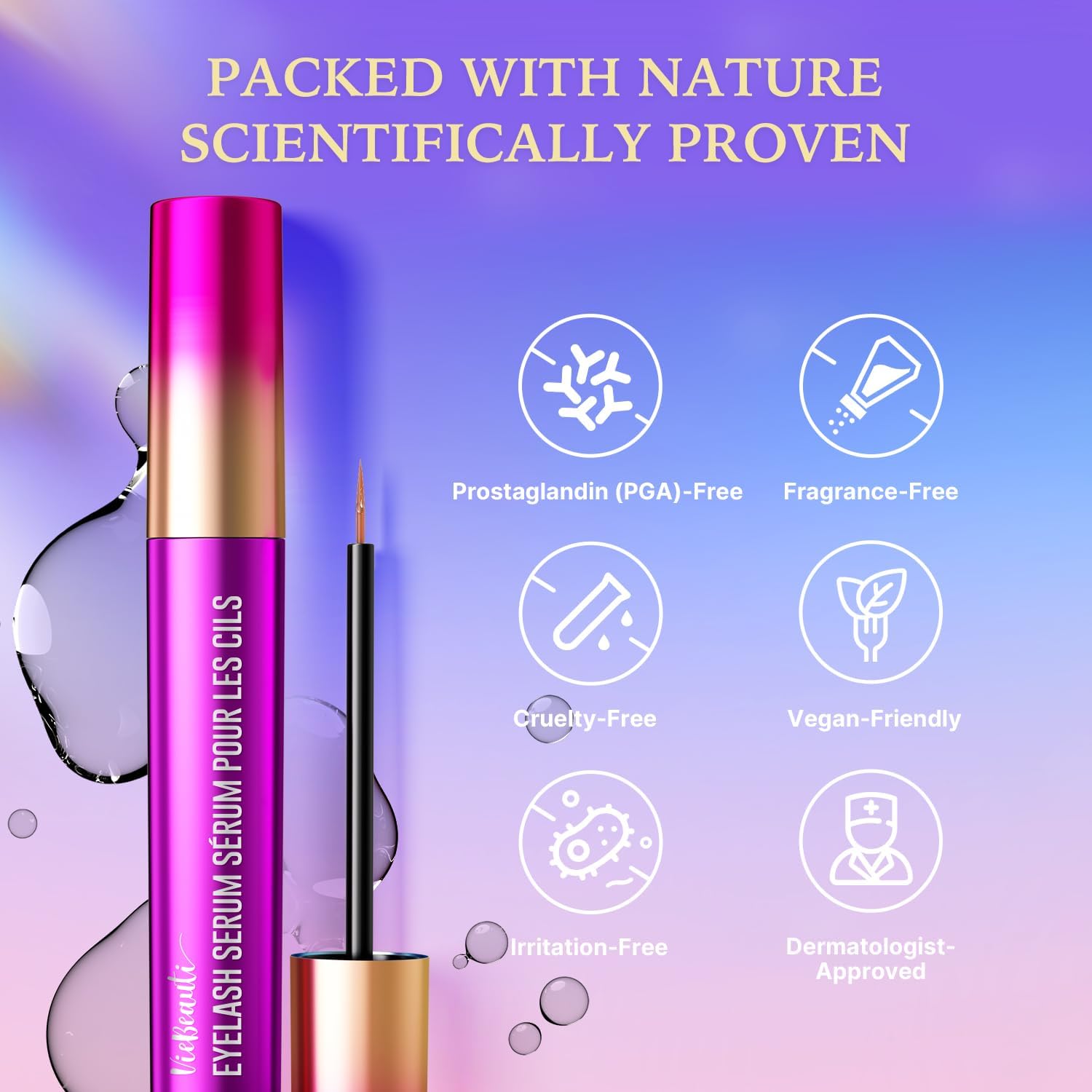 VieBeauti Lash Serum packaging highlights vegan, cruelty-free formula for compassionate beauty.