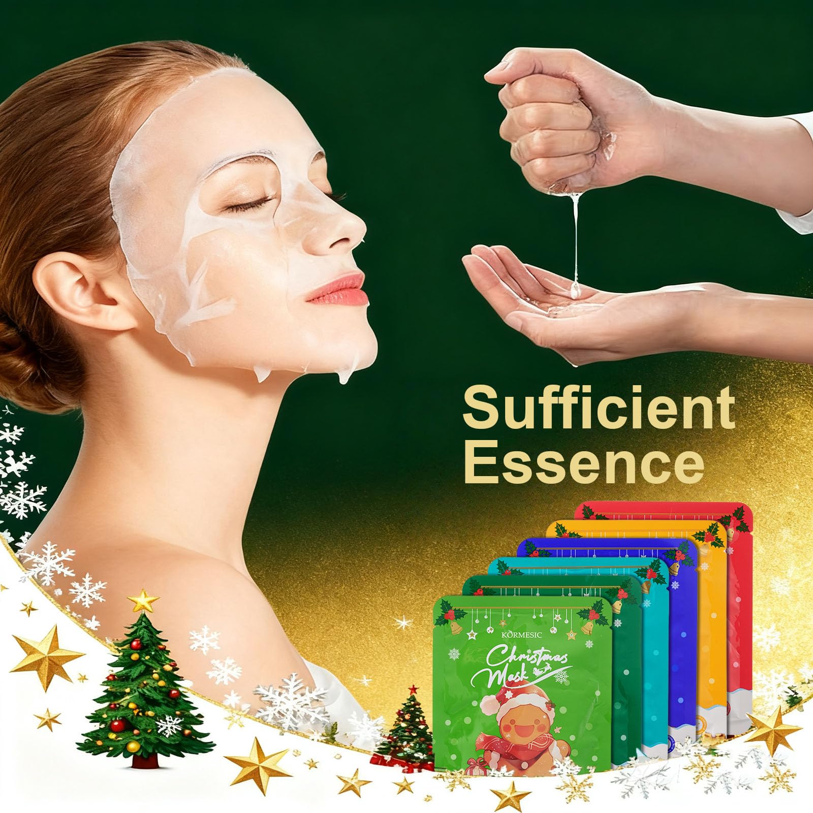 Vienflona cute Christmas illustrations on masks emphasize festive self-care ritual.