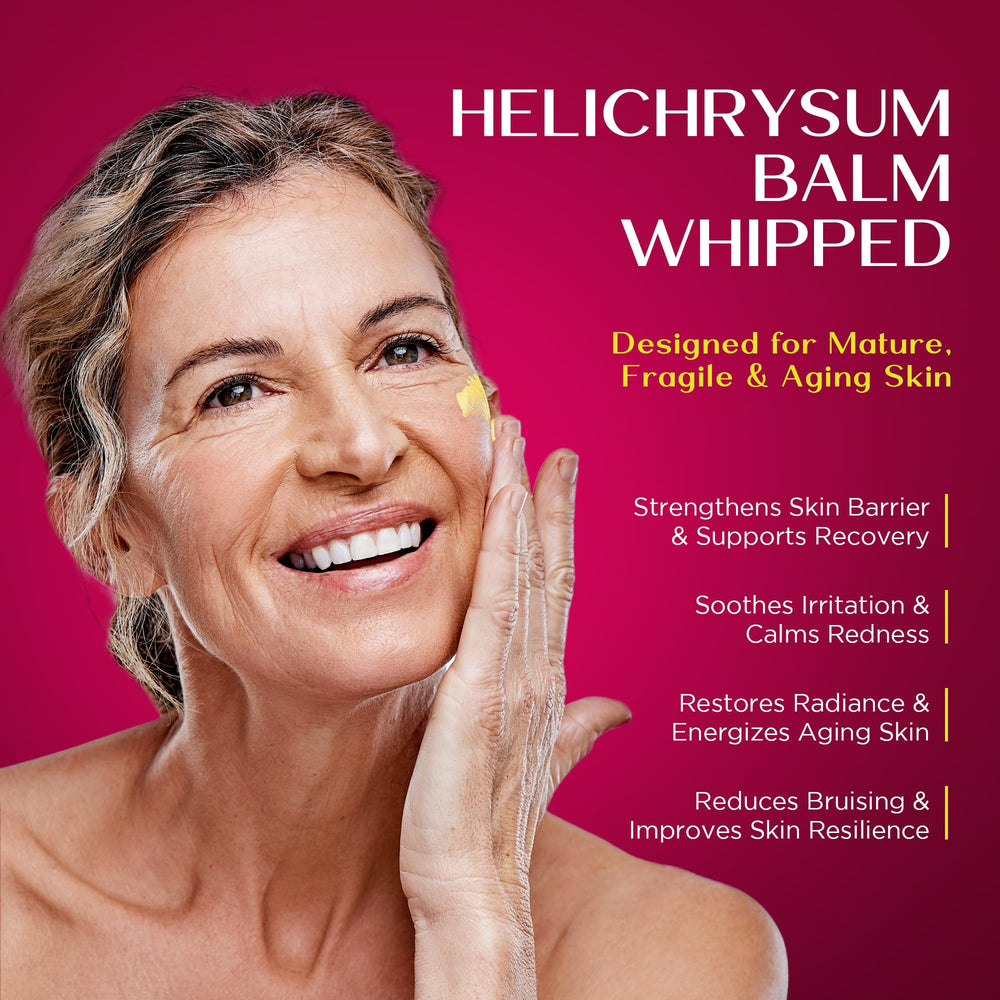 Vigority Helichrysum Balm on face application demonstrates gentle, quick absorption.