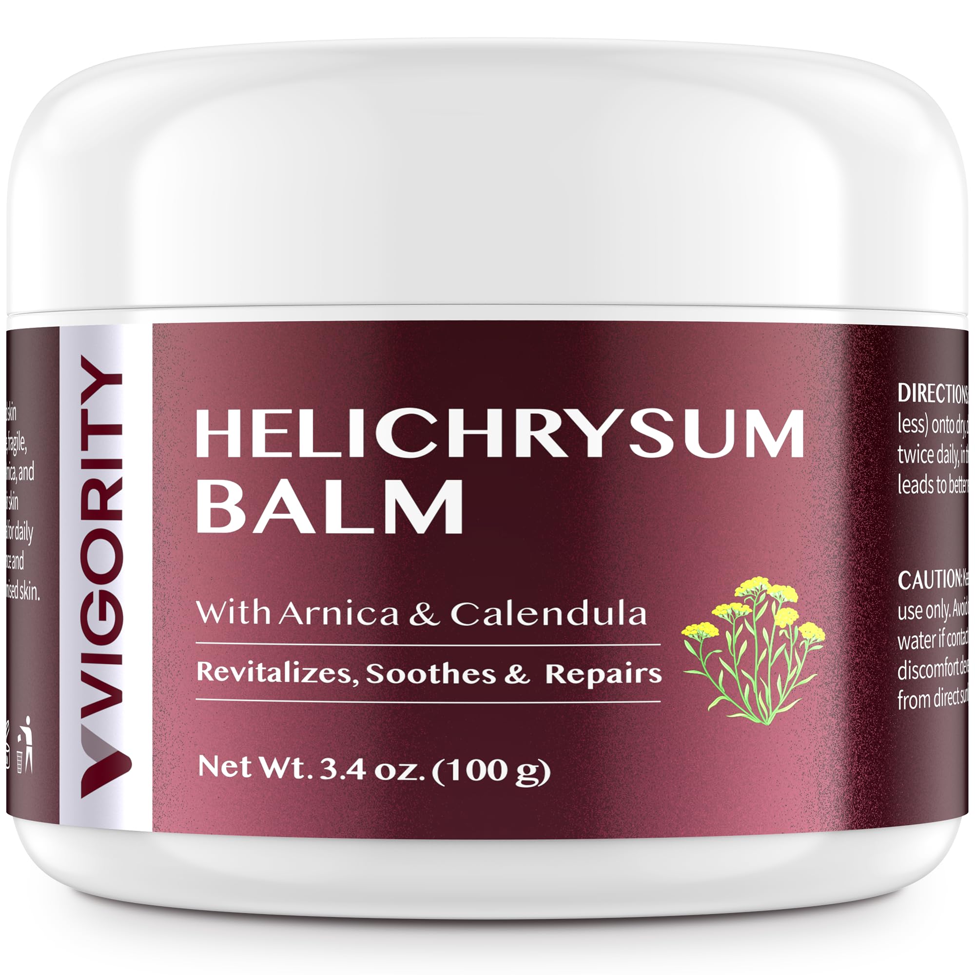 Vigority Helichrysum Balm jar closeup shows whipped texture for nourishing skin.