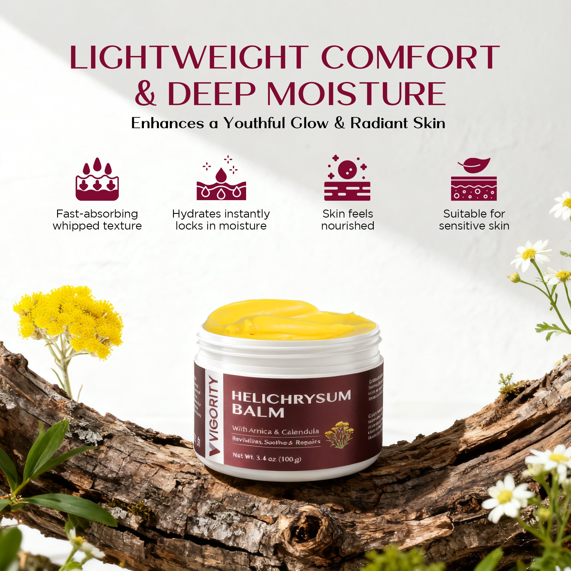 Vigority Helichrysum Balm with squalane and panthenol nourishes skin.