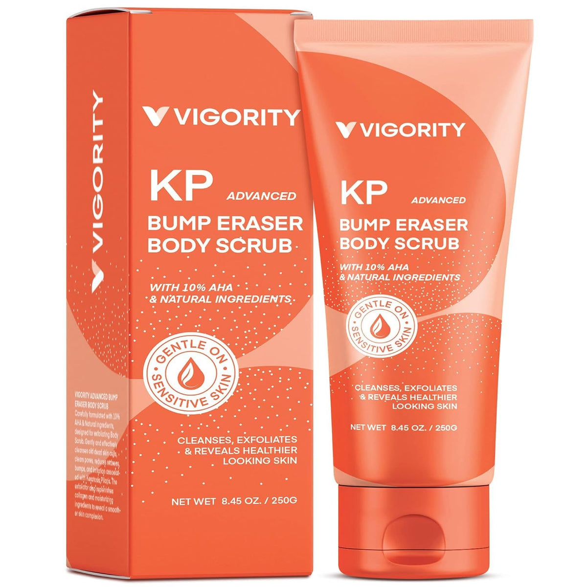 Vigority KP Bump Eraser scrub packaging showcases vegan formula and spa-like exfoliation