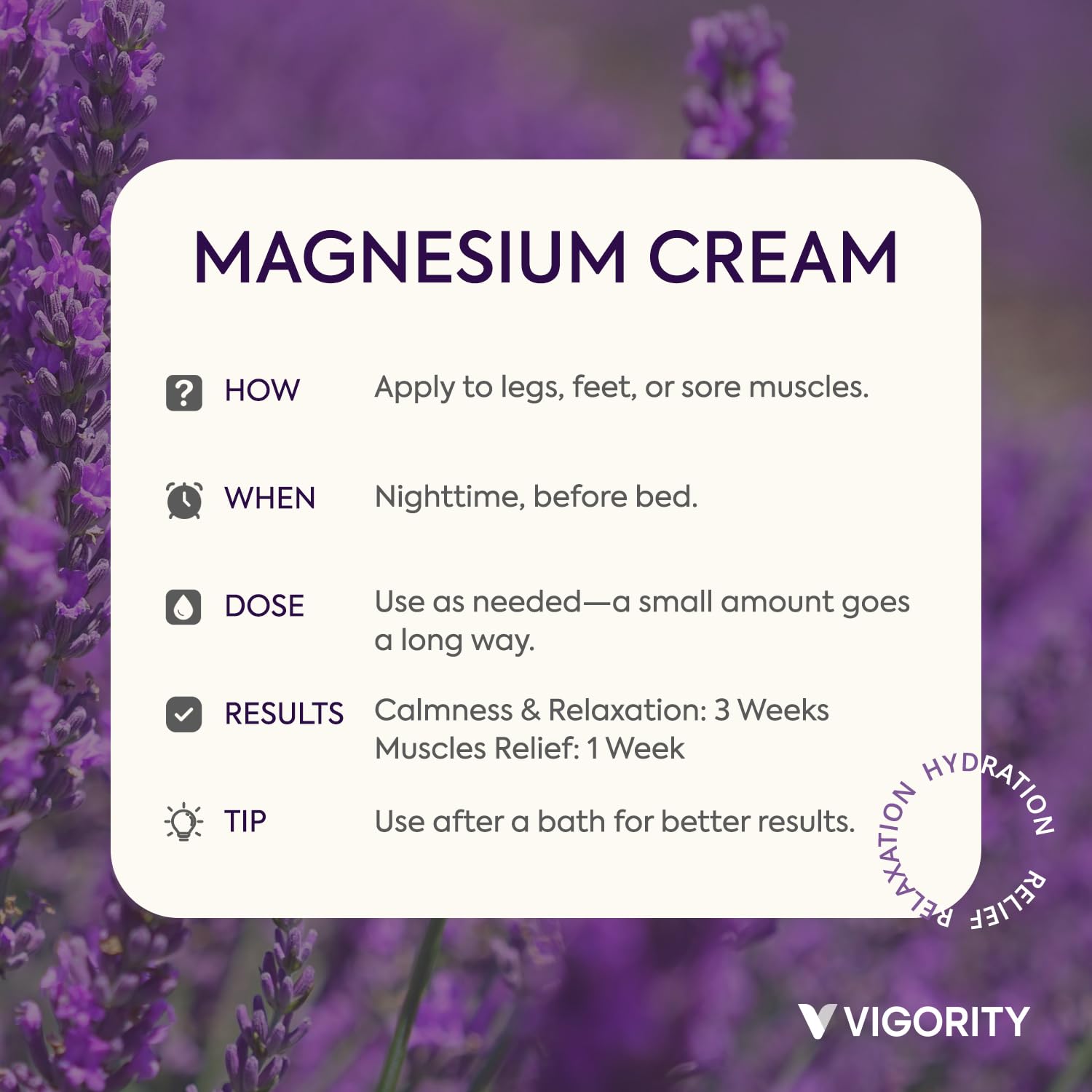 Vigority bedtime routine image suggests ritual-friendly use for restful evenings.