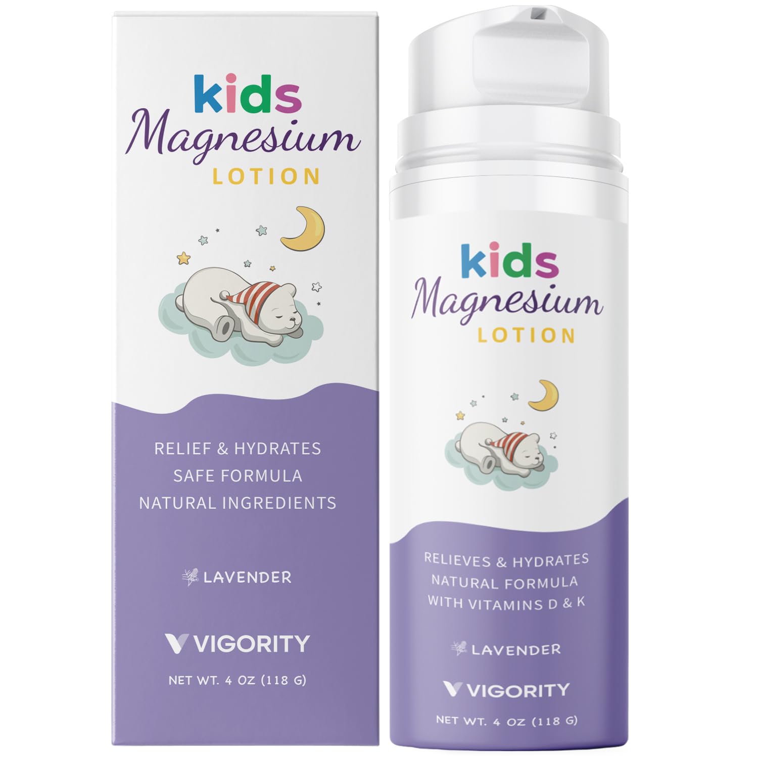 Vigority Magnesium Sleep Lotion bottle pump shows calming bedtime routine for kids and babies.