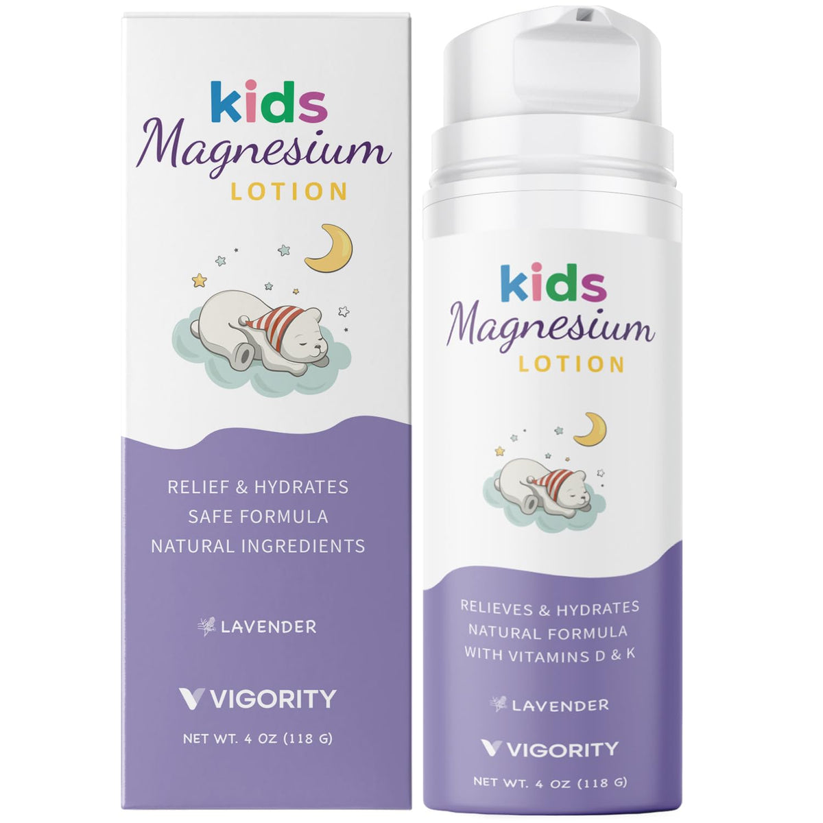 Vigority Magnesium Sleep Lotion bottle pump shows calming bedtime routine for kids and babies.