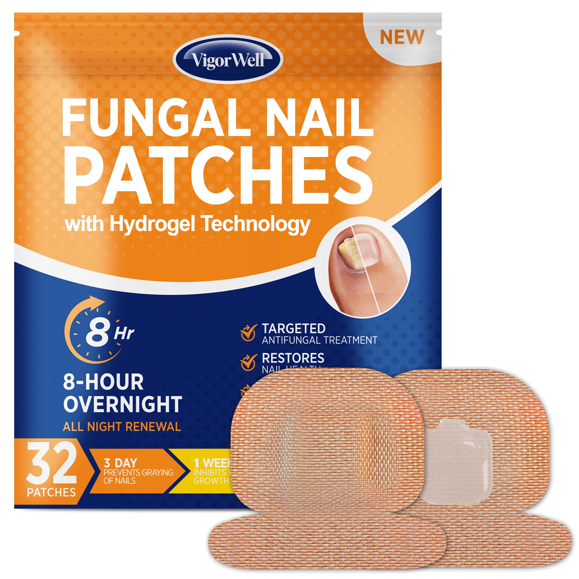 VigorWell packaging shows discreet overnight toenail fungus patches for easy use