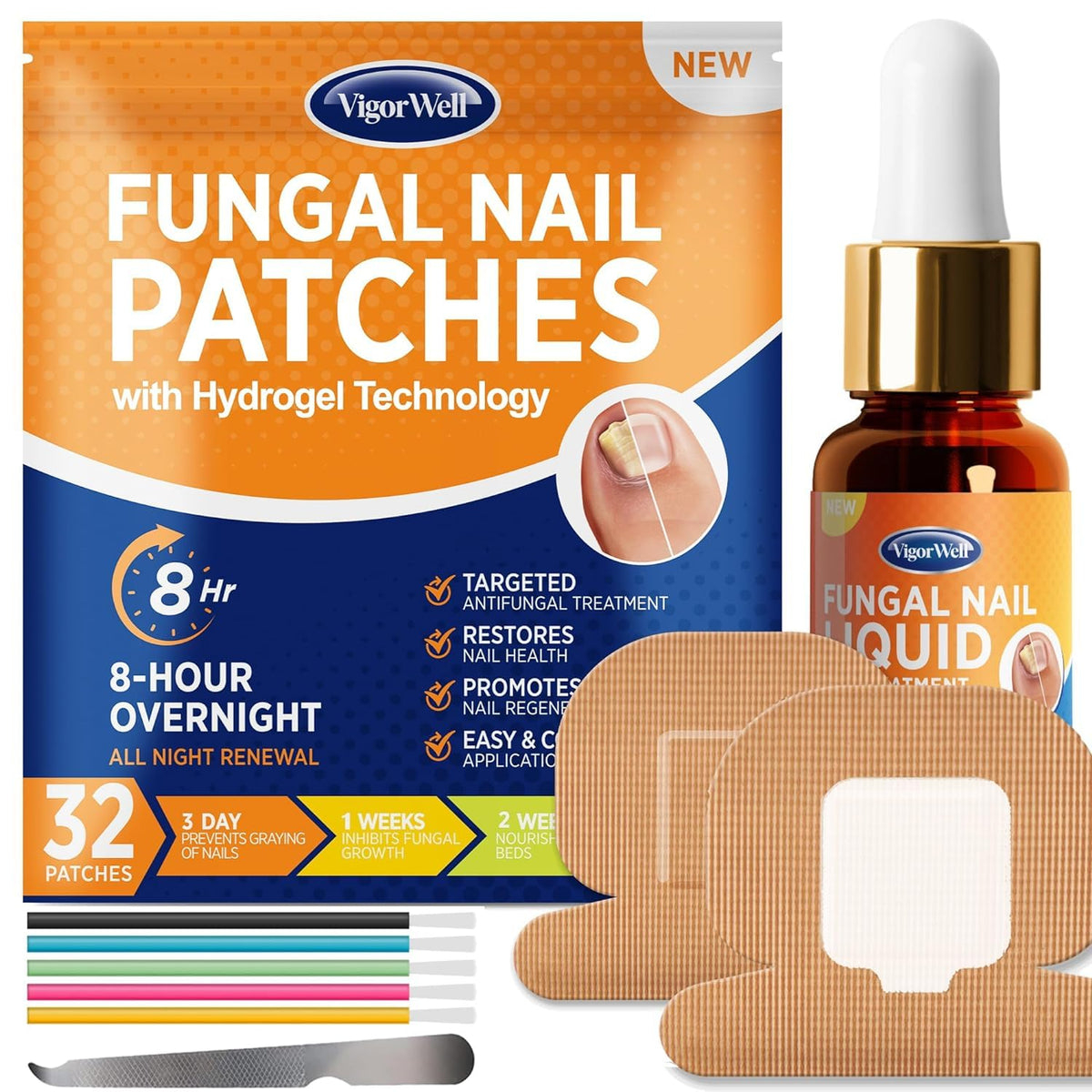 VigorWell toenail fungus treatment kit image shows an all-in-one repair for damaged nails