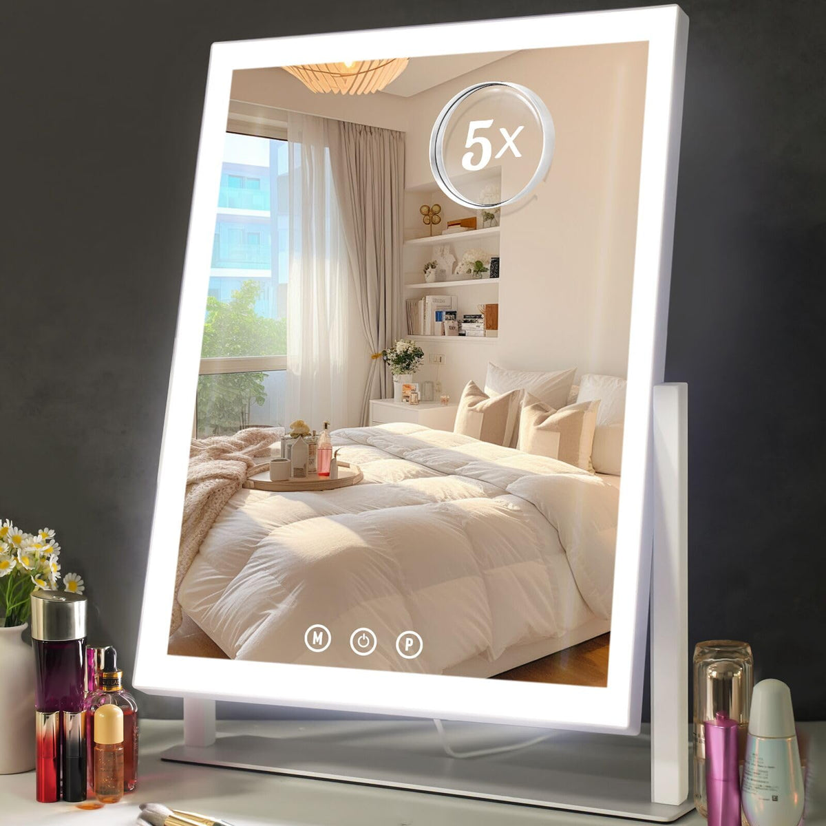 ViKert Lighted Makeup Mirror full view demonstrates even LED lighting for flawless makeup application.