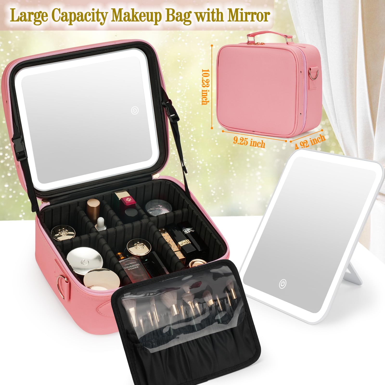 ViKert travel makeup bag interior dividers illustrate customizable compartments for cosmetics.
