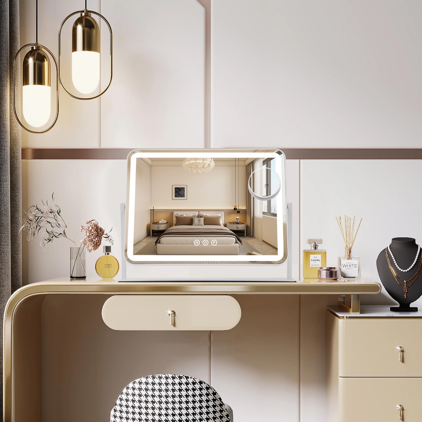 ViKert vanity mirror displays three color modes for customized makeup lighting.
