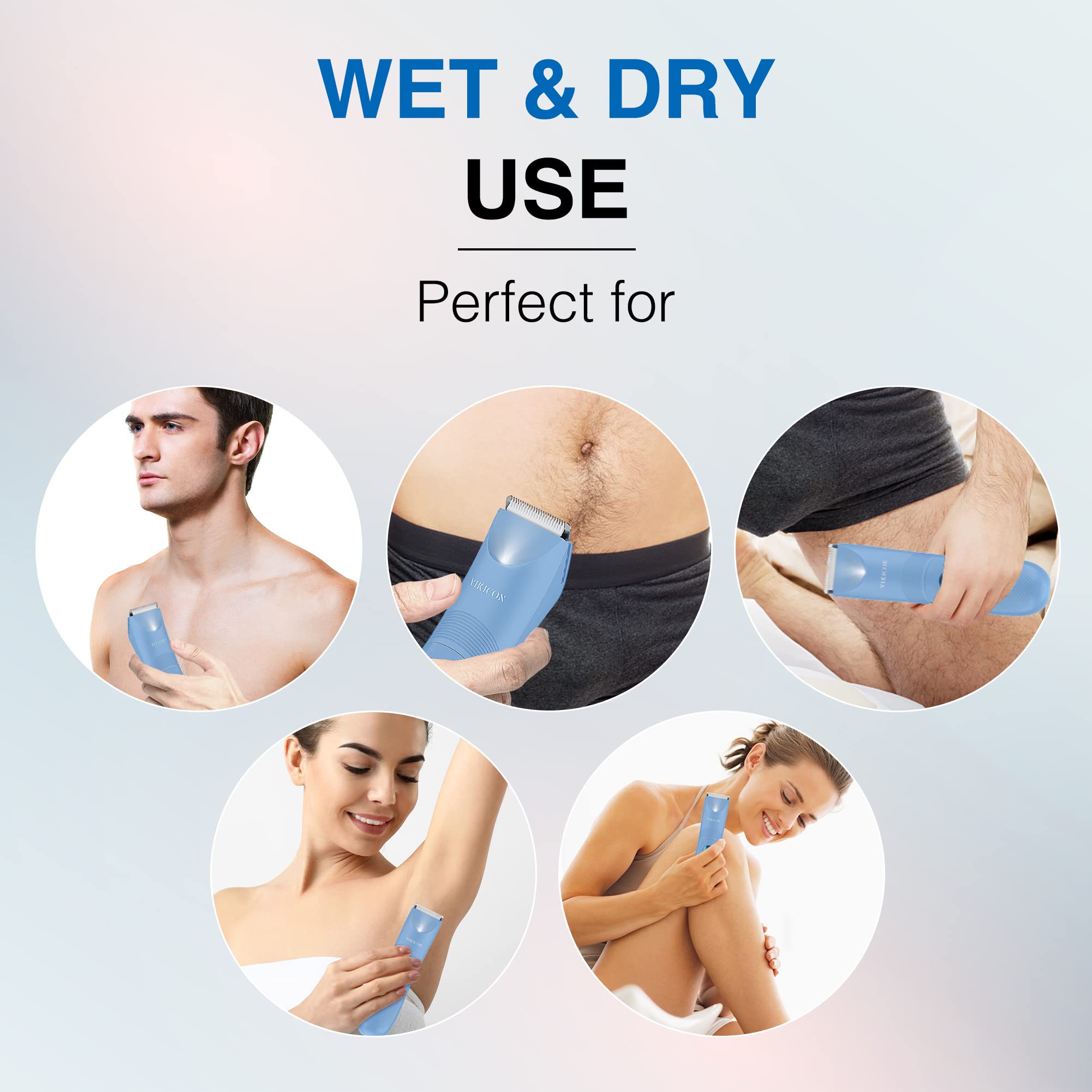 VIKICON Bikini Trimmer used in shower showcasing IPX7 waterproof design.
