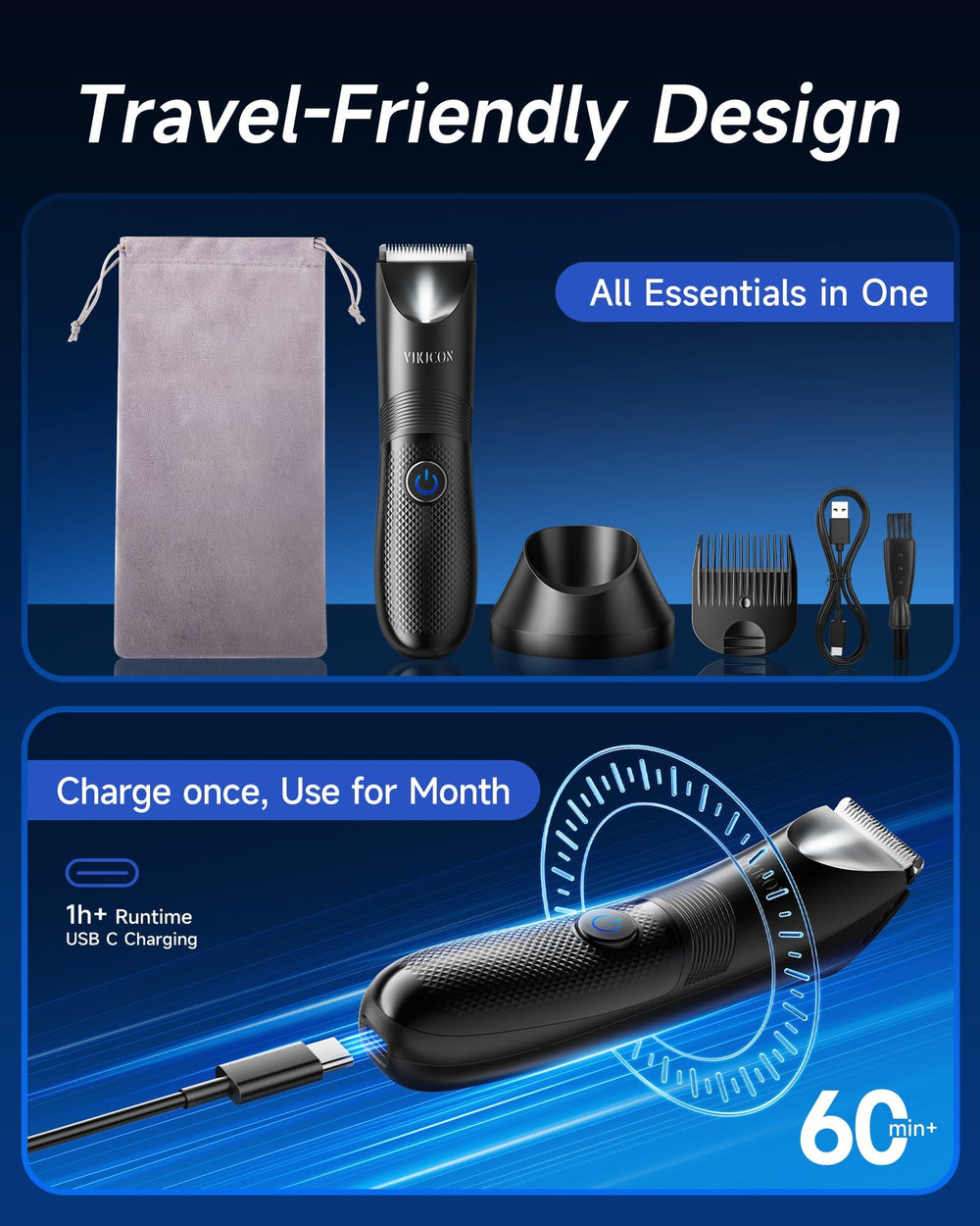 VIKICON Manscape Trimmer ergonomic design fits comfortably in hand
