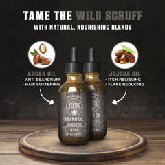 Viking Revolution applying beard oil with drops to reduce itchiness.