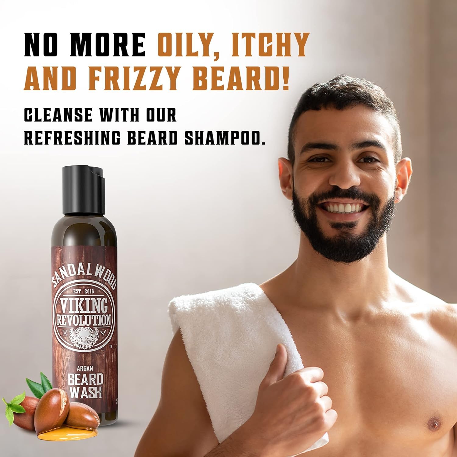 Viking Revolution argan jojoba oils bottle highlighting nourishing ingredients for healthy beard softness.
