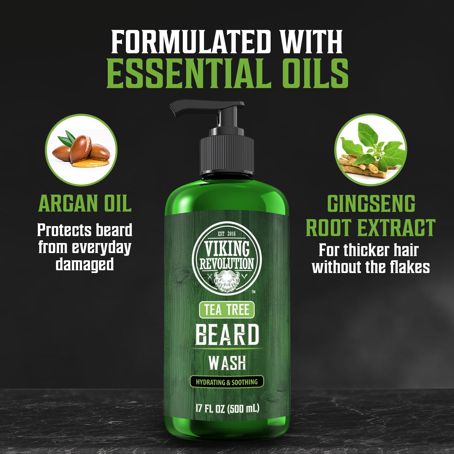 Viking Revolution Tea Tree Beard Wash ingredients highlight argan oil and ginseng for nourished beard.