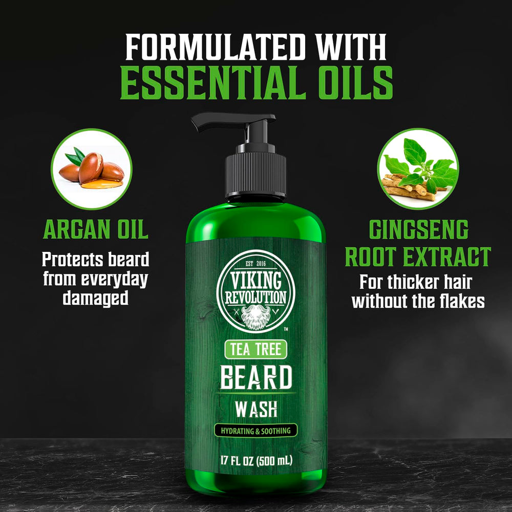 Viking Revolution Tea Tree Beard Wash ingredients highlight argan oil and ginseng for nourished beard.