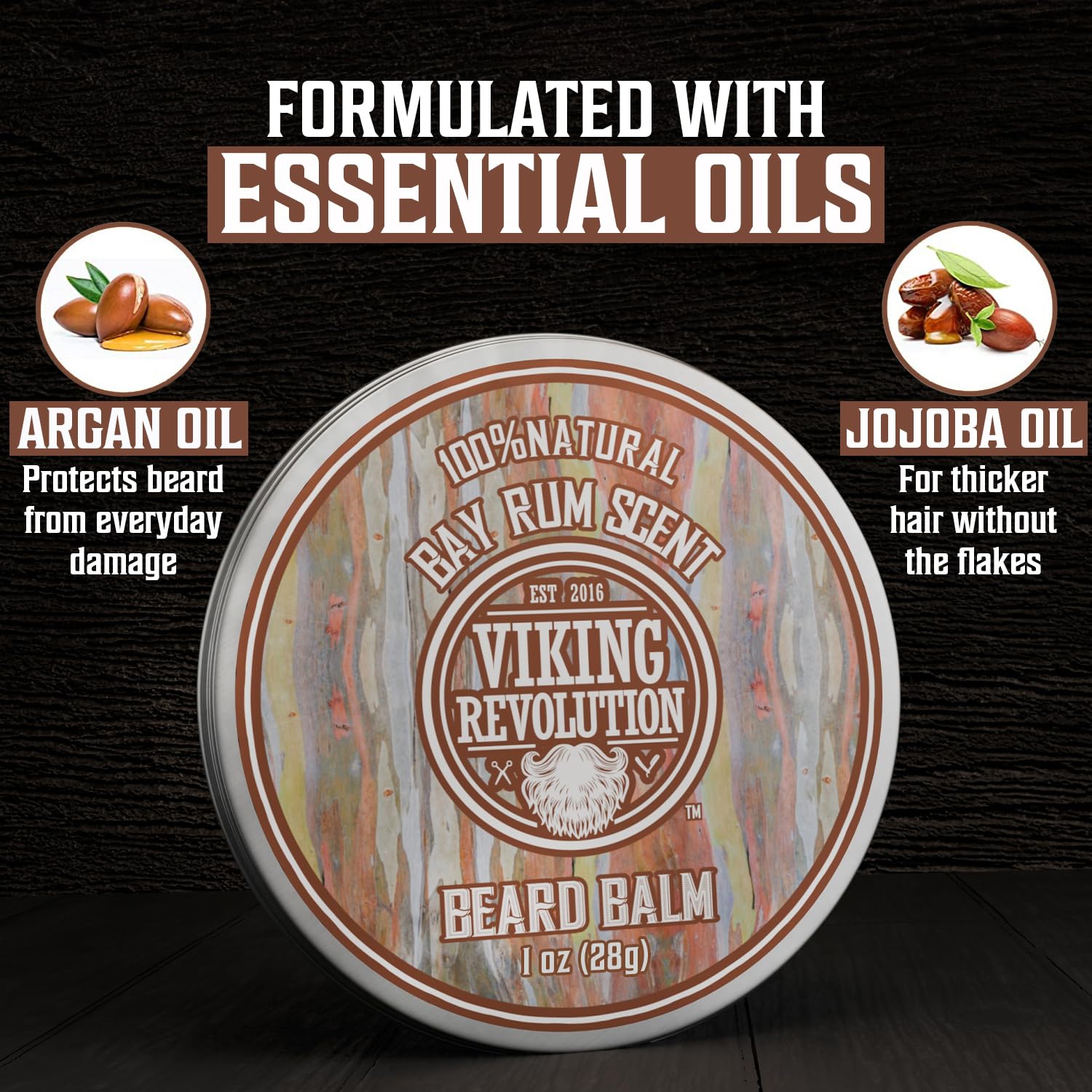 Viking Revolution bay rum beard balm tin delivering bold scent and light hold.