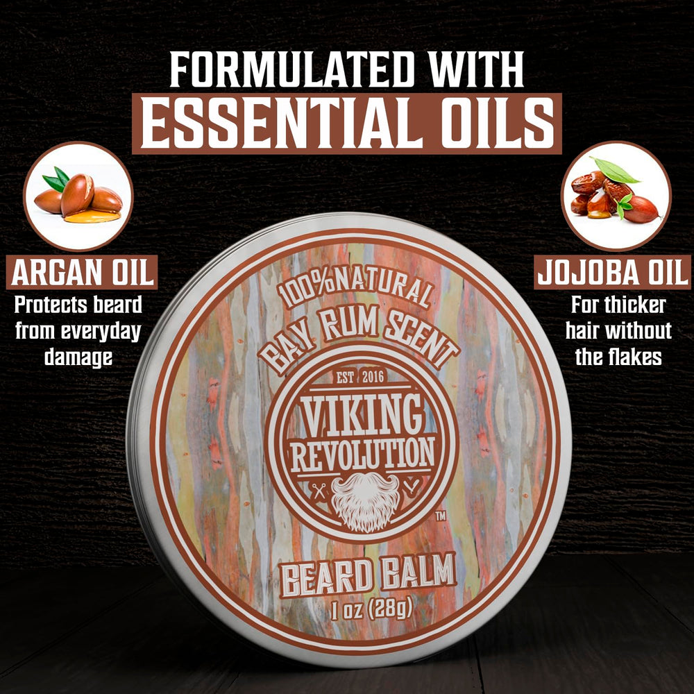 Viking Revolution bay rum beard balm tin delivering bold scent and light hold.